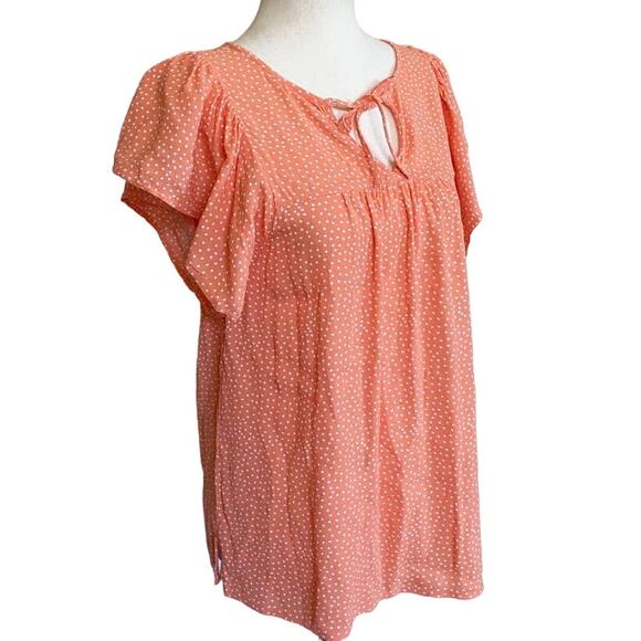 LOFT Tangerine Polka Dot Flutter Sleeve Tie Neck Blouse S - Picture 4 of 10